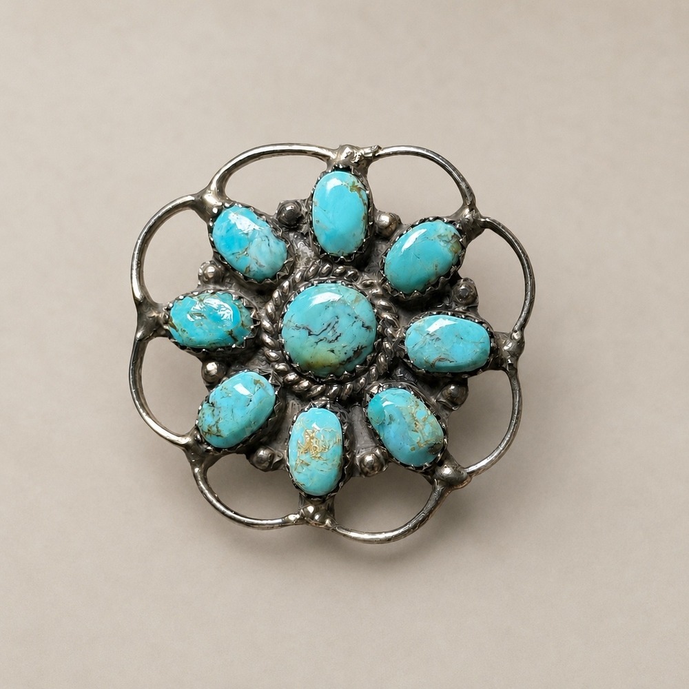 Vintage‎ Navajo Sterling Silver Turquoise Cluster Brooch Pin JW MS Signed 1.5in